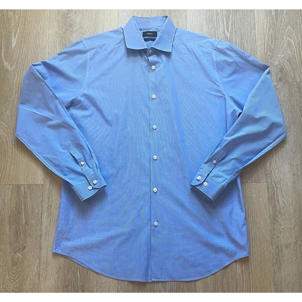 Theory Slim Fit Non-Iron Cotton Dress Shirt Blue White Check 16.5 32/33